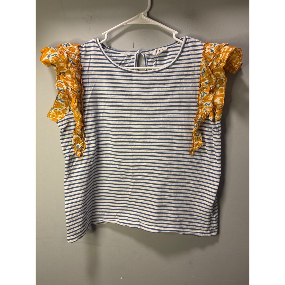 Anthropologie THML Blue White Striped Top Mustard Yellow Ruffle Flutter Sleeve M